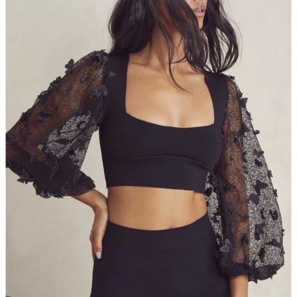 Intimately Free People Flutter Crop Top 3D Butterfly Black Sleeve Blouse Sz S